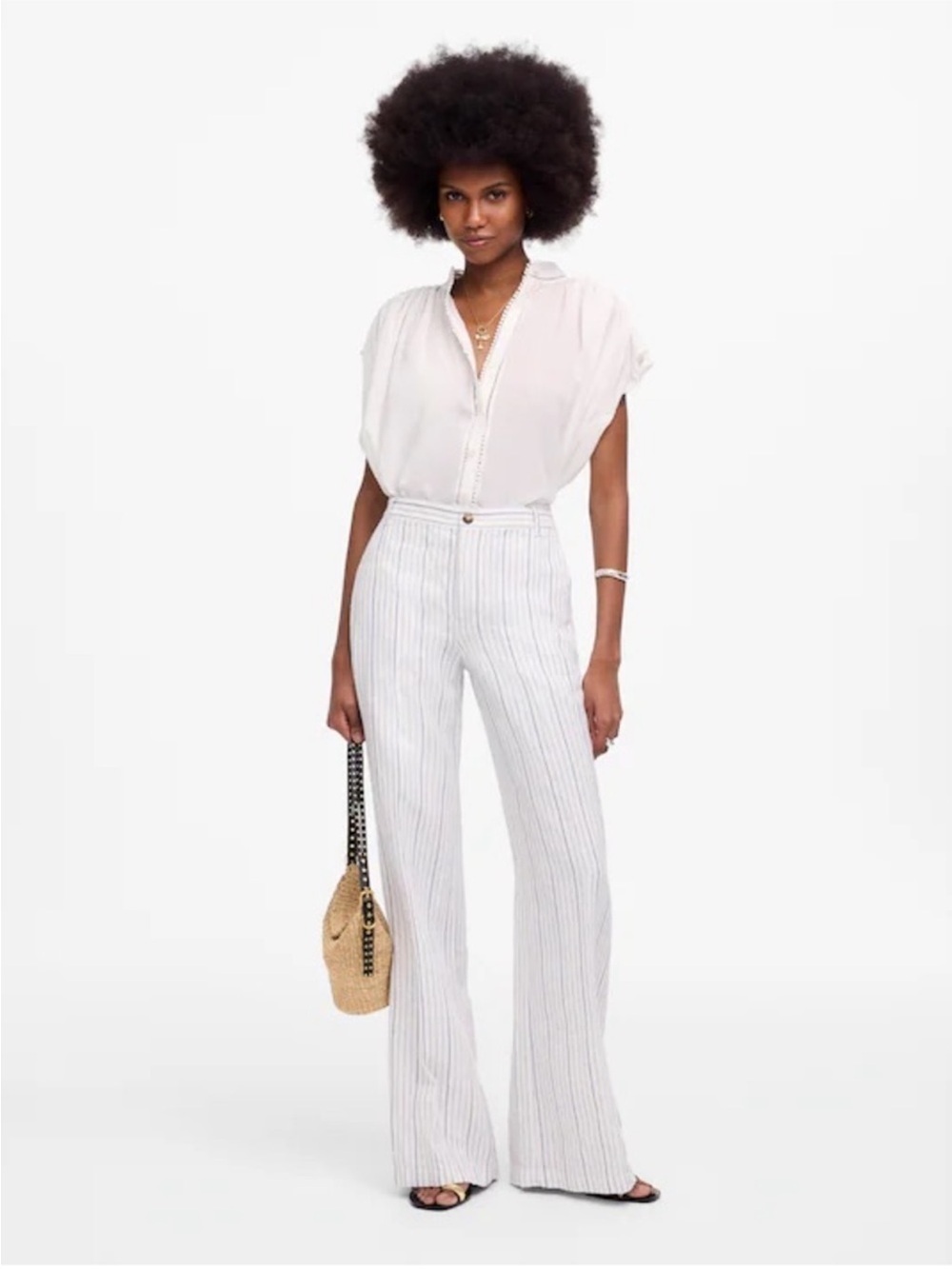The Zoe Relaxed Wide Pant in 100% Linen in Blue White Stripe Size 14 NWOT